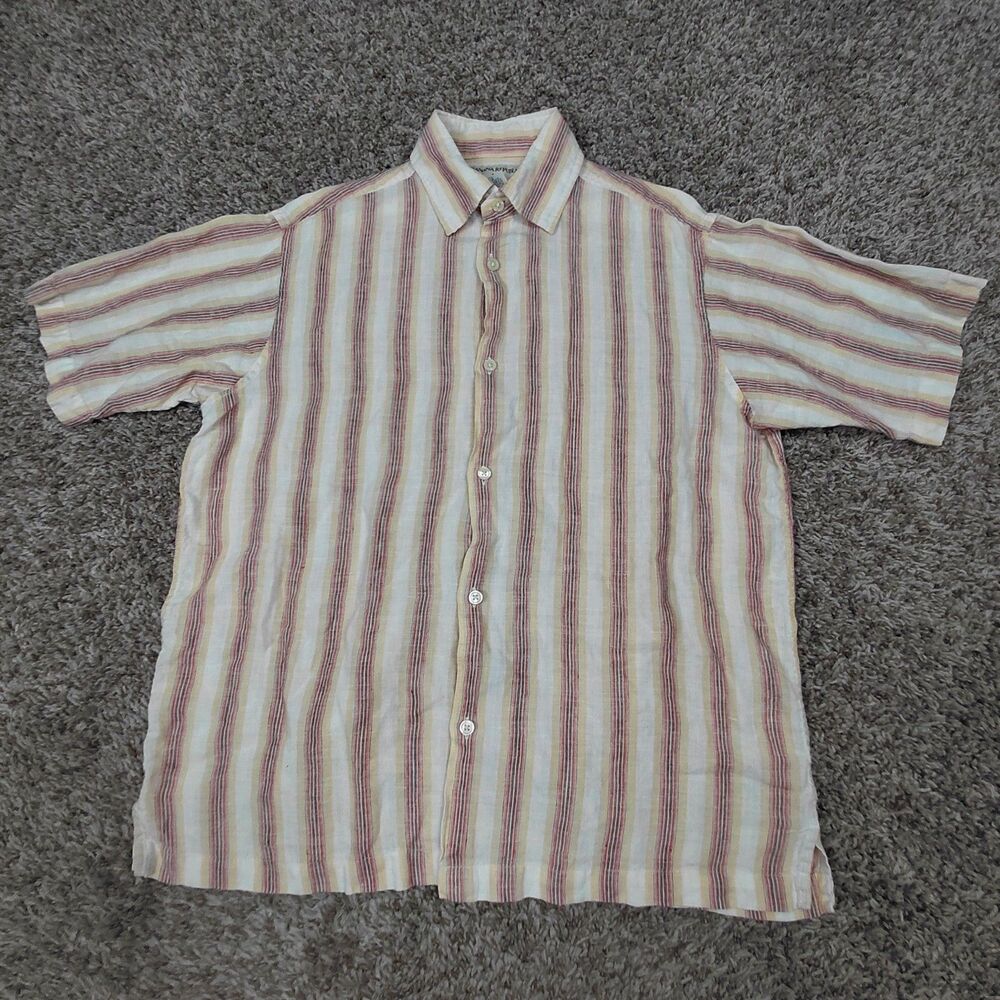 Banana Republic Linen Shirt Men's Small White Stripe Button Up Short Sleeve